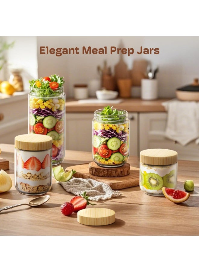 10oz Glass Meal Prep Jars with Bamboo Lids - 4 Pack: Versatile Overnight Oats, Yogurt, Salad Containers - Airtight, Leakproof, Dishwasher Safe - 3.4" Wide Mouth - BPA & - Image 2